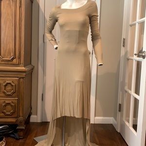 BCBG tan, ribbed hi-low maxi dress